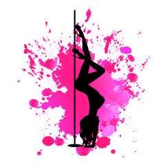 Vector black silhouette pole dance on pink watercolor blot on a white background. Hand scketch exotic dance vector illustration. Isolated clipart for logotype, badge, icon, logo, banner, tag, clothes
