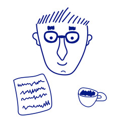 Man face with cup of coffee and newspaper in hand drawn style vector illustration. Classic blue line. 