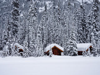 Snow covered log cabins on lake O'Hara