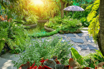 Free form pattern of black stone walkway and white gravel in garden of park, greenery fern epiphyte...