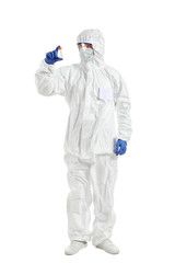 Laboratory worker in protective uniform and with sample in test tube on white background. Concept of epidemic