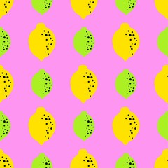 Lime and lemon fruit pattern. Seamless background or citrus wallpaper. Repeated design great for kitchen and food digital paper, textile, fabric, decor, wrapping. Vintage surface