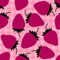 Strawberry pattern. Red berry repeated background. Flat cartoon style. Great for kitchen, tablewear, fabric, textile.