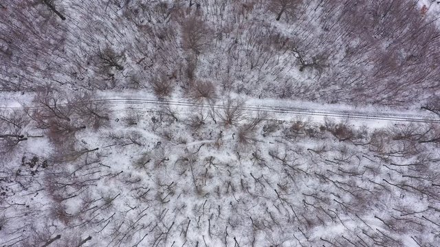 Railway and snowy woods in Hungary. Camera looks down and moves right. Drone footage