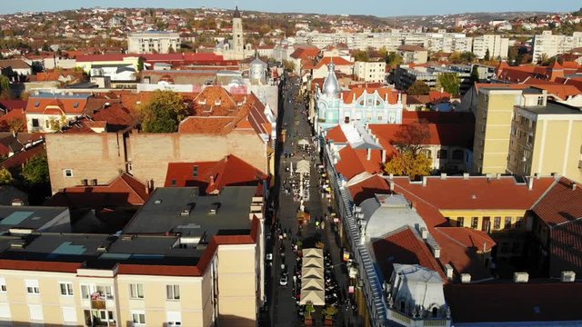Drone Aerial of Oradea Romania Square medieval city centre tower market