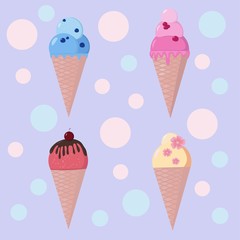 Cute ice cream set on colorful background. Isolated vector illustration.