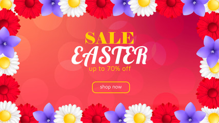 banner for Easter discounts with with colored flowers and bright red background. vector image