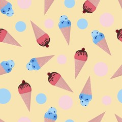 Simple pattern with ice cream in cones and dots on light yellow background. Vector illustration for textile, wrapping paper, fabric.