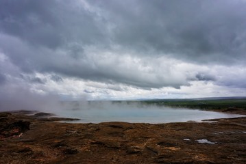 the valley of geysers in Iceland, gloomy skies, heavy clouds