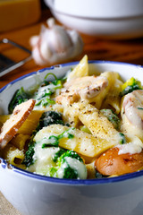 Real pasta with mushrooms, spinach and broccoli