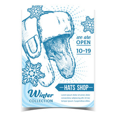 Hats Shop With Winter Collection Banner Vector. Stylish Hat And Snowflakes On Advertising Poster. Warm Wearing Accessory For Head And Ears Template Hand Drawn In Vintage Style Monochrome Illustration