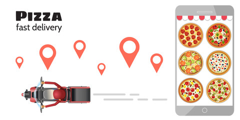 Fast and free delivery by scooter top view. Vector cartoon illustration. Food service. Mobile app courier online fast delivery services with map navigation on phone concept