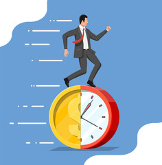 Businessman is running on dollar coin clock. Clock and golden coin. Annual revenue, financial investment, savings, bank deposit, future income, money benefit. Time is money. Flat vector illustration