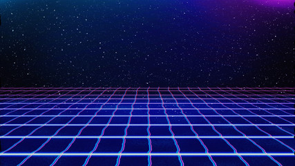 Retro cyberpunk style 80s Sci-Fi Background Futuristic with laser grid landscape. Digital cyber surface style of the 1980`s. 3D illustration