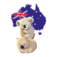 koala and wombat with map of australia in the background