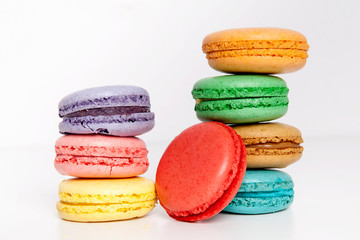 Sweet and colourful macaroons or macaron on white background, Desert. 