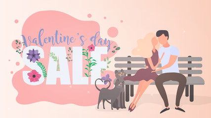 Valentine's day sale banner. Loving couple on the bench hug each other. Two cats in love.