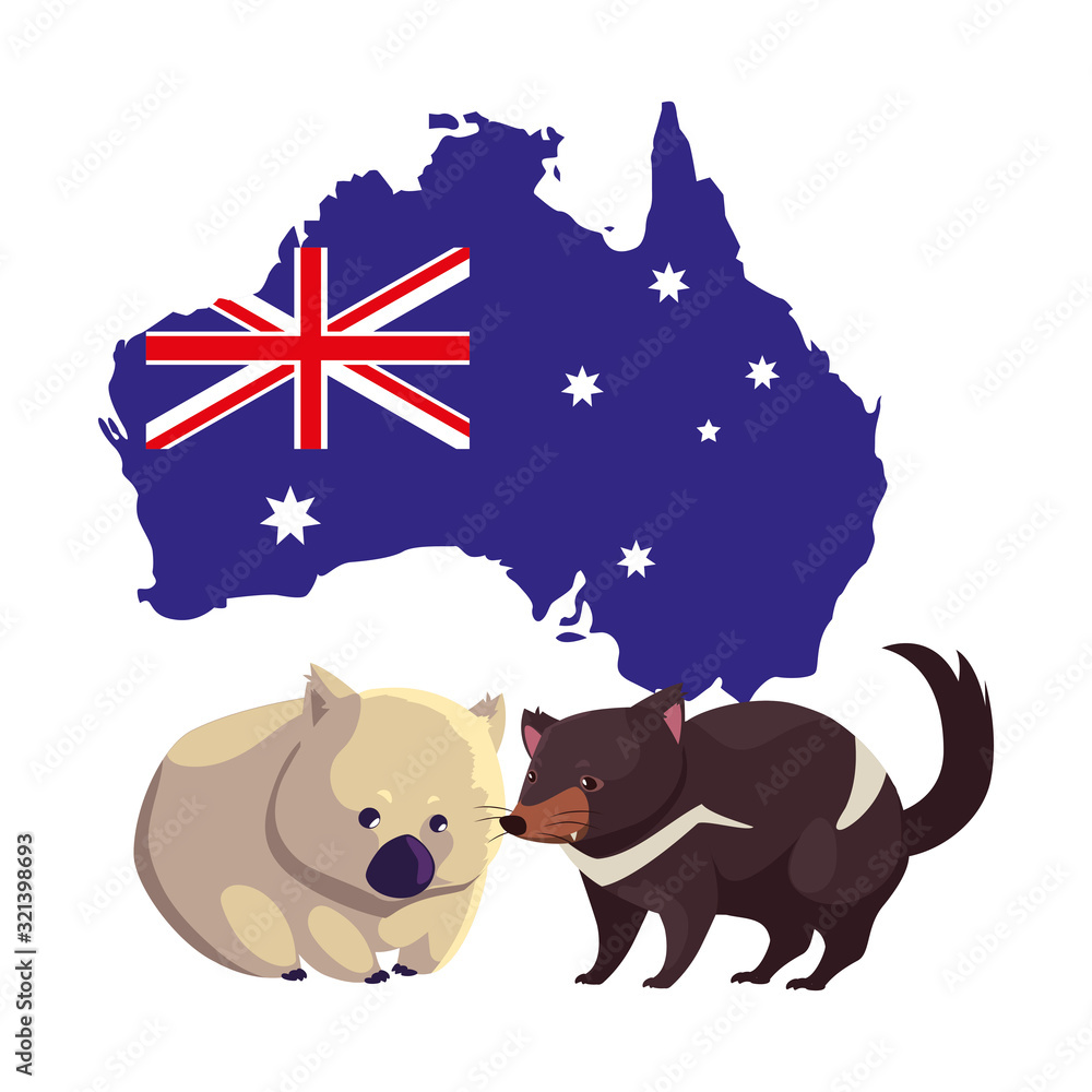 Sticker wombat and tasmanian devil with map of australia in the background