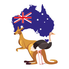 kangaroo and ostrich with map of australia in the background