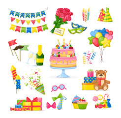 Celebration Birthday party decorations set. Happy birthday party symbols gift, cupcakes, cake, garlands, festive candles burning, ties, bows, toys, bouquet of roses, envelope cartoon isolated vector