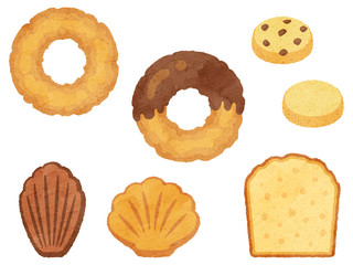 ドーナツと焼き菓子の水彩風イラストセット