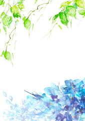 Watercolor garden flowers, blue, green.  Abstract art illustration, scenic background. Violet, forget-me-not, flower of the field. For your postcard, site, invitation, design. Vintage art drawing.