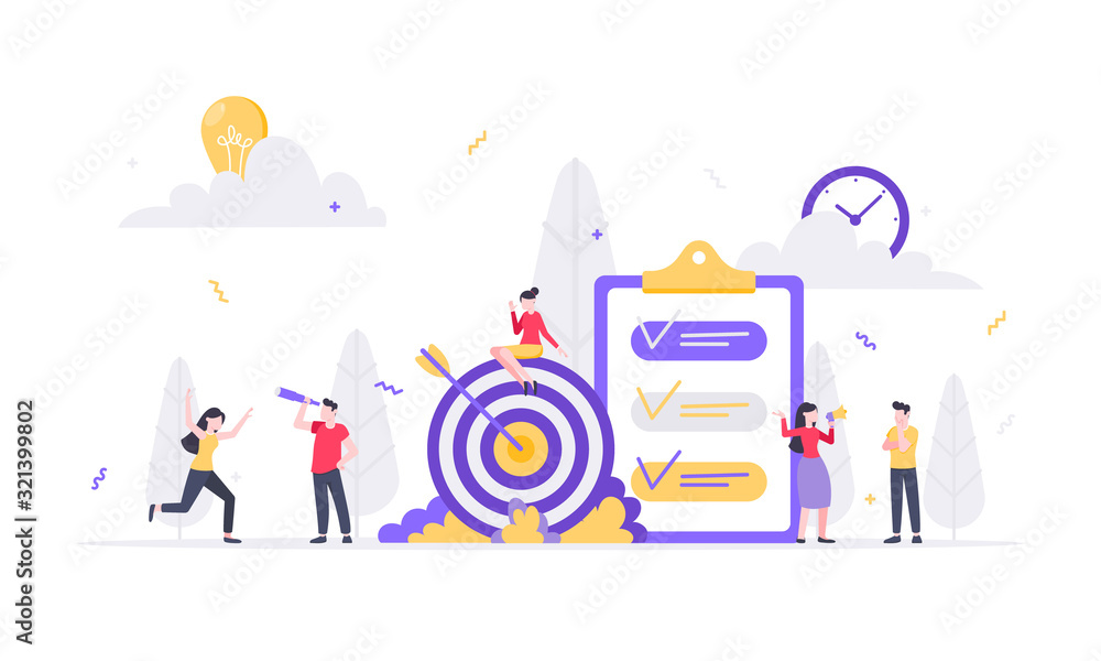Poster teamwork concept with tiny people characters working together with big target and tiny people charac