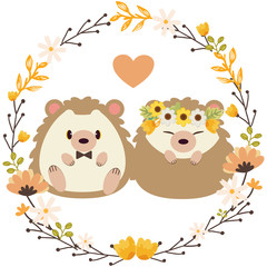 The character of cute hedgehog wedding with the flower ring on the white background. The cute hedgehog with flower ring and heart. The character of cute hedgehog in flat vector style.
