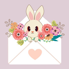 The character of cute rabbit sitting in the letter with heart sticker and flower on the purple background. The cute bunny in valentines day theme. The character of cute rabbit in flat vector.