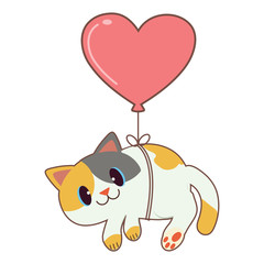 The character of cute cat with the heart balloon. The cute cat with The pink heart ballon on the white background. The character of cute cat in flat vector style.