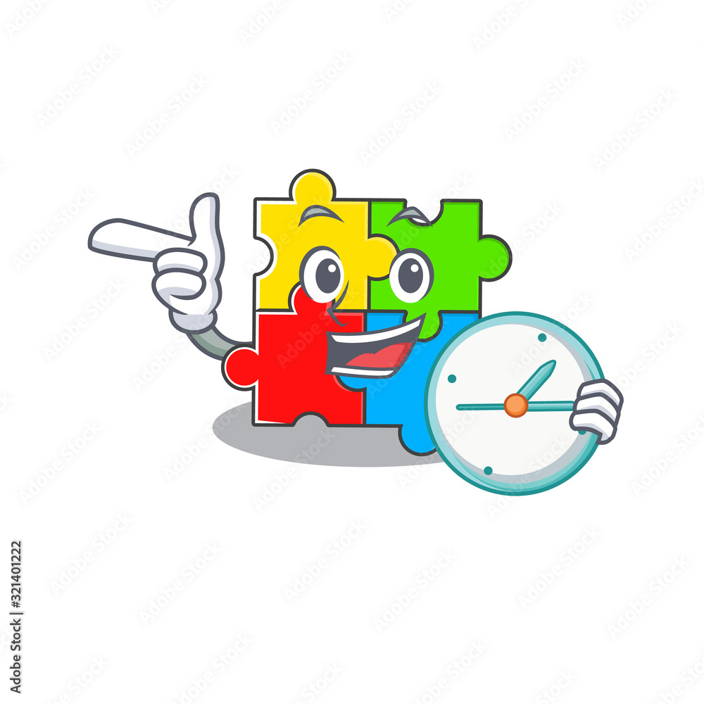 Poster cartoon character concept puzzle toy having clock