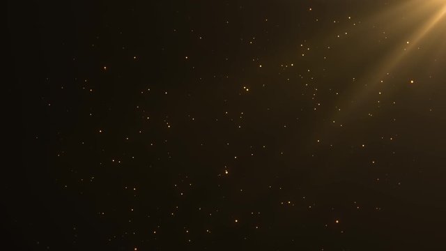 Beautiful Golden Floating Dust Particles with Flare on Black Background in Slow Motion. Animation of Dynamic Wind Particles In The Air With Bokeh. Futuristic glittering fly movement loop in space.
