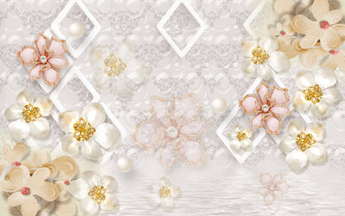 Obraz na płótnie Canvas 3d illustration, light ornamental background, pearls, white diamond-shaped frames, pink, white and beige abstract flowers with gold and crystals