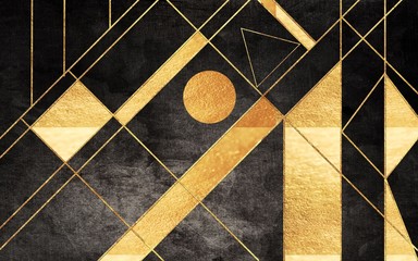 Panele Szklane  Abstrakcyjna ilustracja, brązowe tło, złote linie i geometryczne kształty