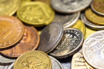Old different coins close up. Macro photo