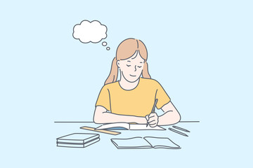 Education, learning, school concept. Happy girl studies subjects at school. Kid pupil engaged in education writing. Schoolgirl is learning or thinking about solving exercise. Simple flat vector