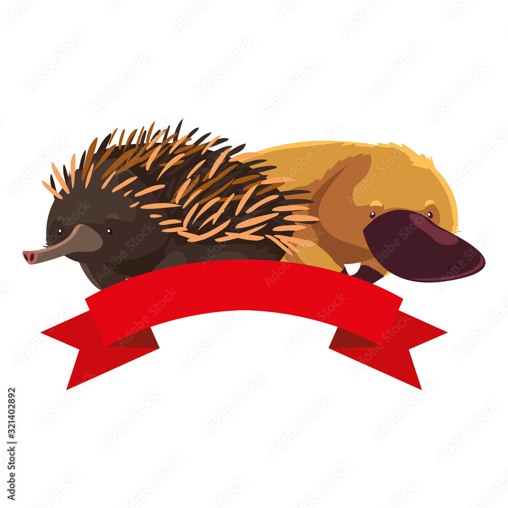 Sticker platypus and echidna on white background