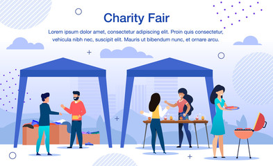 Charity Organization Fair, Garage Sale for Social Help Needs Trendy Flat Vector Banner, Poster. Volunteers Selling Sweets and Snacks, Collecting Donations and Things for Charity Purposes Illustration