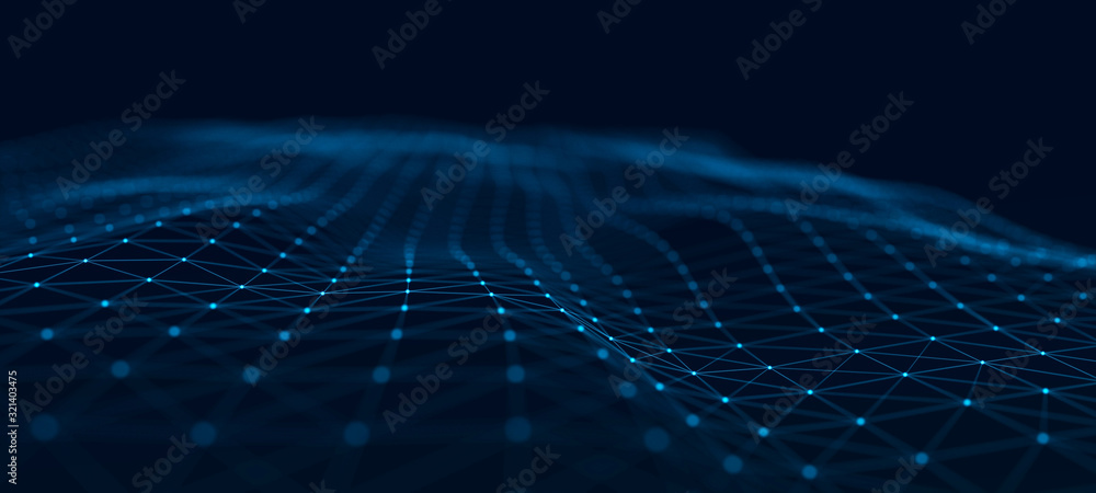 Poster Futuristic abstract mesh. Wave with the connection of dots and lines. 3D rendering.