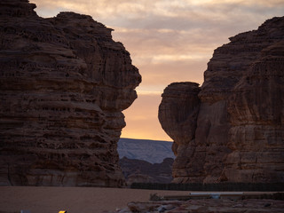 Geological outcrop formations at sunset, Al Ula, Saudi Arabia