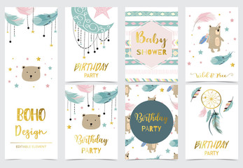 Cute kid background with dreamcatcher,feather,bear,star for birthday invitation
