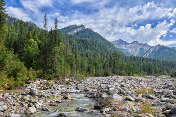 Large boulders and stones are smaller along bed of mountain stream