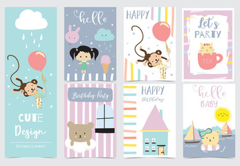 Collection of animal cards set with girl,bear,monkey,cloud.Vector illustration for birthday invitation,postcard and sticker.Editable element
