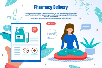 Eco Pharmacy Delivery Trendy Flat Vector Web Banner, Landing Page Template. Female Customer, Woman Choosing and Ordering Natural Medicines from Organic, Ecologically Clean Materials Illustration