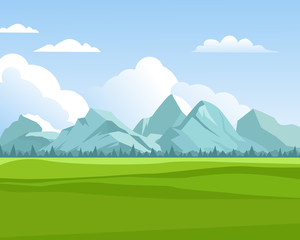 mountains background. outdoor green meadows with hills rocks for travellers in summer season eco nature vector concept
