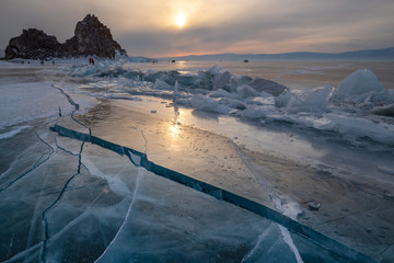 Lake Baikal in winter,cracks on ice.