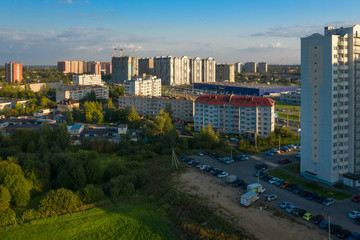 LOBNYA, MOSCOW REGION - AUGUST 31, 2019: Aerial view of the residential buildings of the city of Lobnya. Late bright summer evening