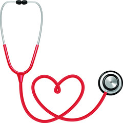 Red medical stethoscope depicted in heart shape