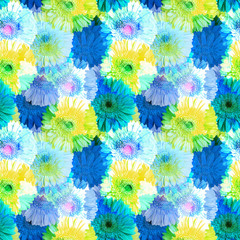 Seamless pattern of blue and yellow gerbera flowers, vivid summer daisy floral ornament, abstract...