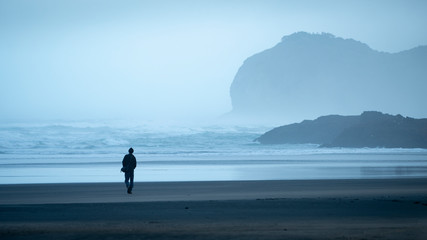 Fototapeta na wymiar Walking on the Piha beach in the morning mist
